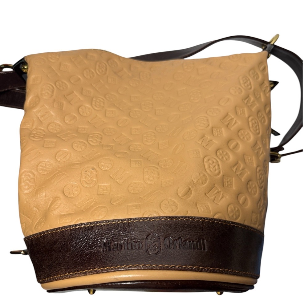 MARINO ORLANDI Vintage Italian Leather Bucket Bag Tan Embossed Monogram Y2K - Picture 6 of 16